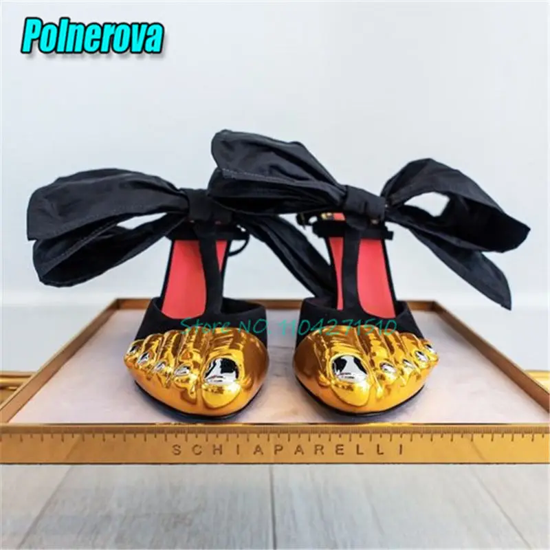 

Gold Finger Stiletto Sandals for Women Summer New Black Satin Bow Back Strap Thin High Heels Fashion Party Banquet Dress Shoes