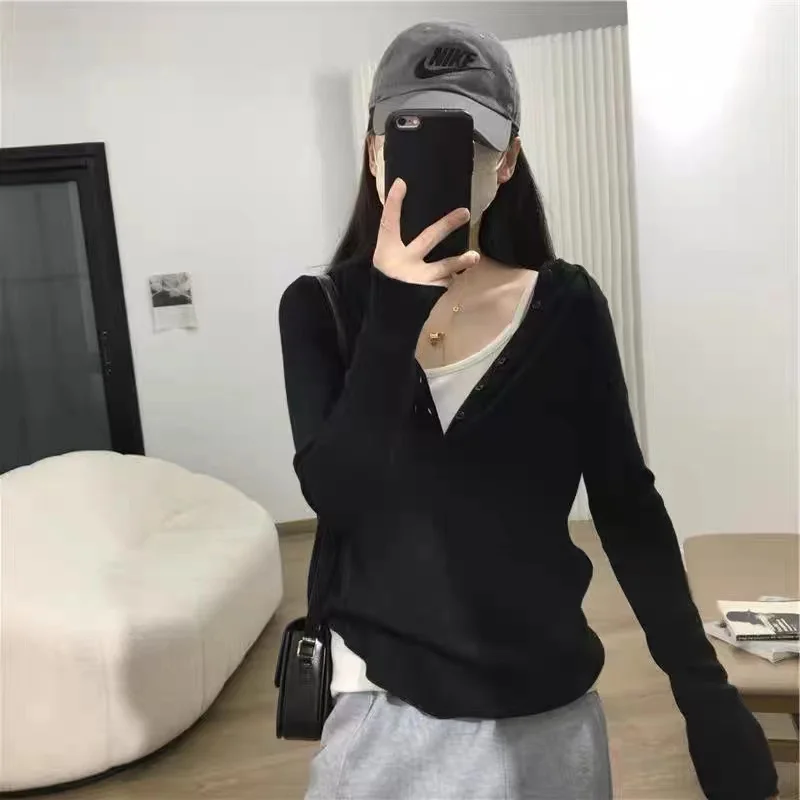 2023 New Women\'s Pullover Hooded Cashmere Sweater Spring and Autumn V-neck Lazy Style Versatile Fashion Cashmere Solid Color Pul