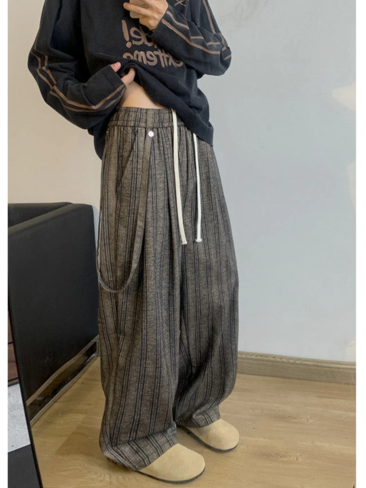 

Trendy Striped Straight Leg Casual Pants Men's Faion Vintage Loose Wide Leg Slimming Pants Autumn New Arrival Youthwear