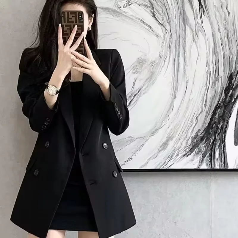 Insozkdg British Style High-end Sense Women Jacket 2024 Spring Autumn Korean Style Double-breasted Casual Blazer Lady Suit Top