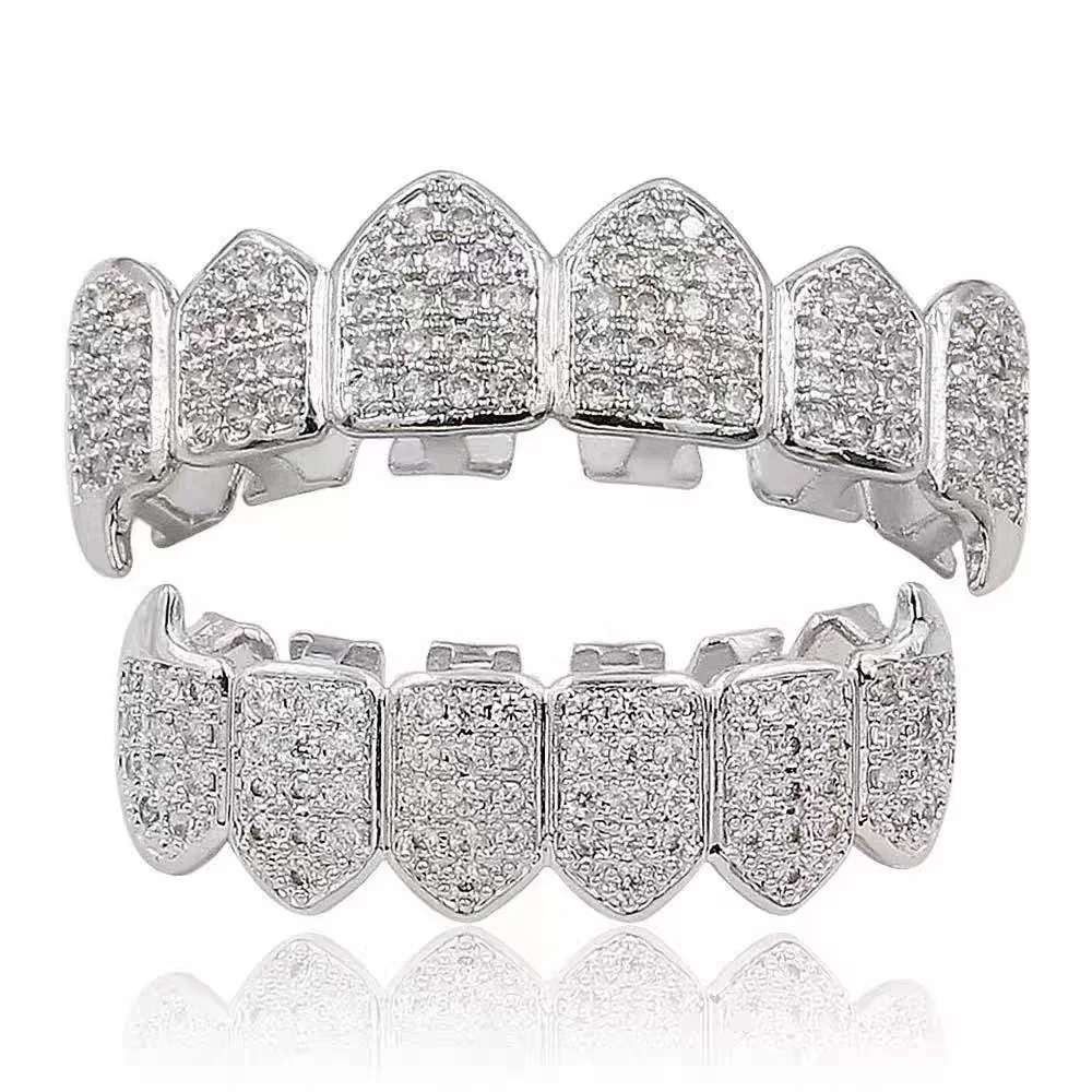 Punk HipHop Zircon Teeth Out Bling Top Bottom Cubic Zirconia Set Dental Jewelry Gifts Halloween Zircon Fangs Decorate