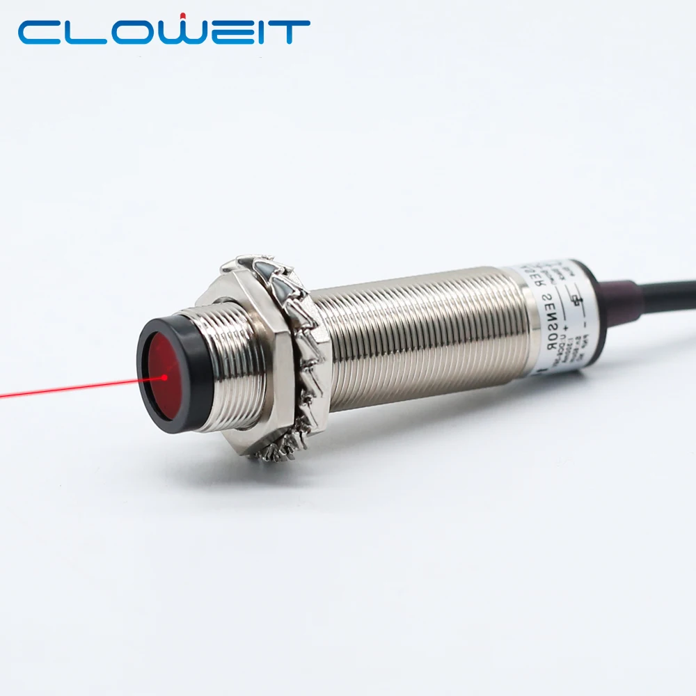 Cloweit M18 50cm Adjustable Visible Laser Diffuse Photoelectric Sensor Min Spot 0.5mm Detection Range Switches J18-DS DC12V 24V