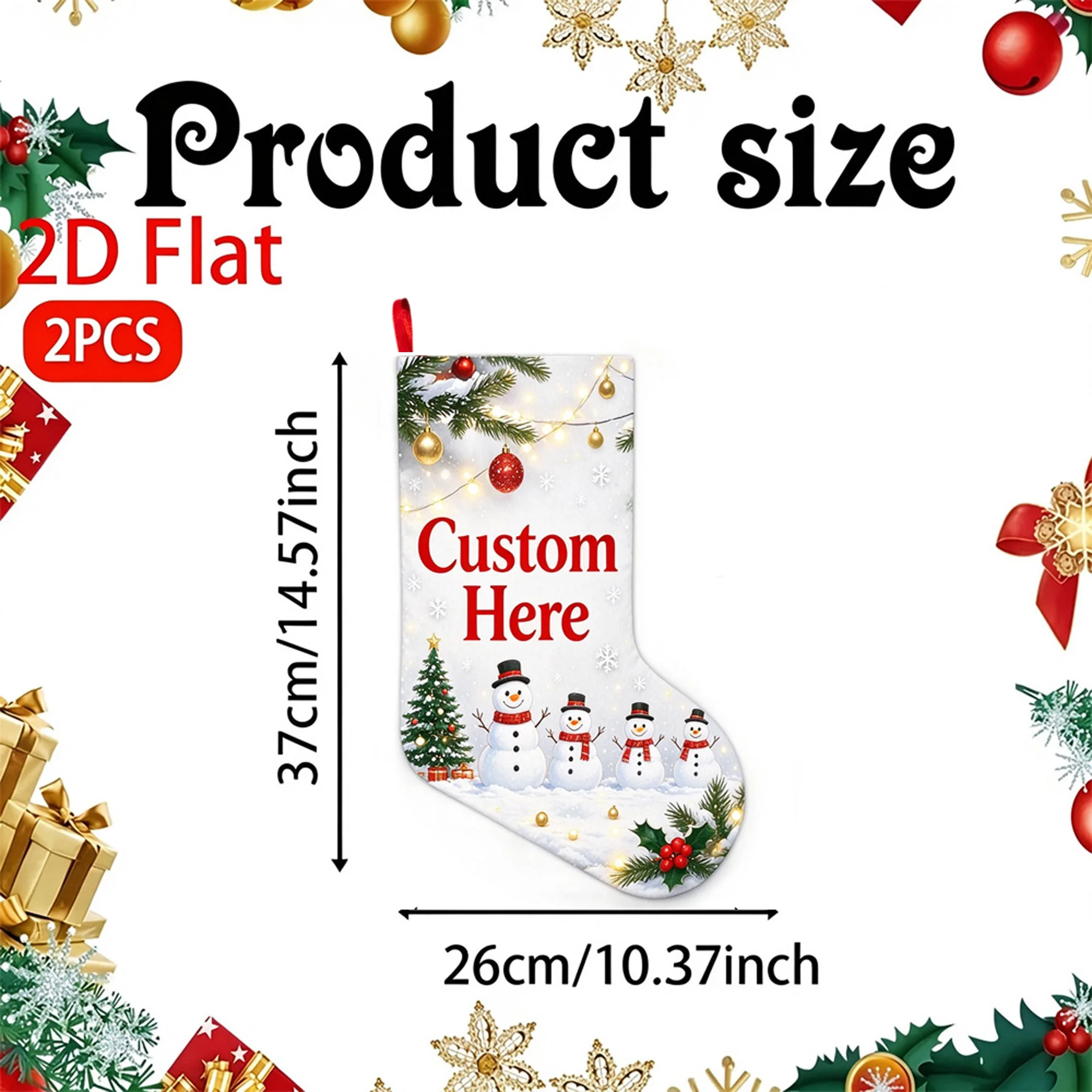 Custom 2D Flat 2pcs Christmas Stockings, Holiday Decorative Socks, Decorative Christmas Stockings, Gift Bags for Family Friends