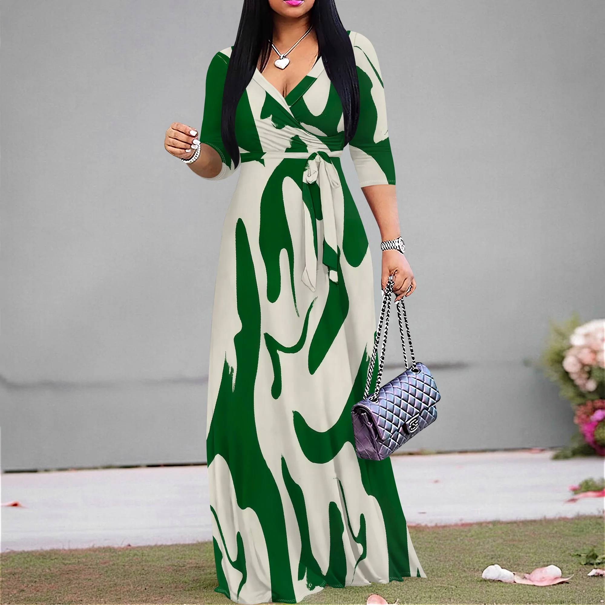 

Green Abstract Print Wrap Maxi Dress for Women, S-3XL, Perfect for Spring & Summer Parties, Casual Outings