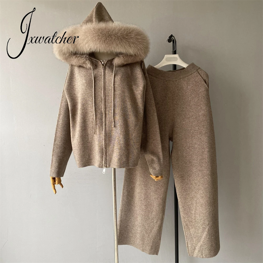 Jxwatcher Cardigan for Women Fall Fashion Sweater Set with Real Fur Collar Ladies Spring Knitted Hooded Coat and Trousers Female