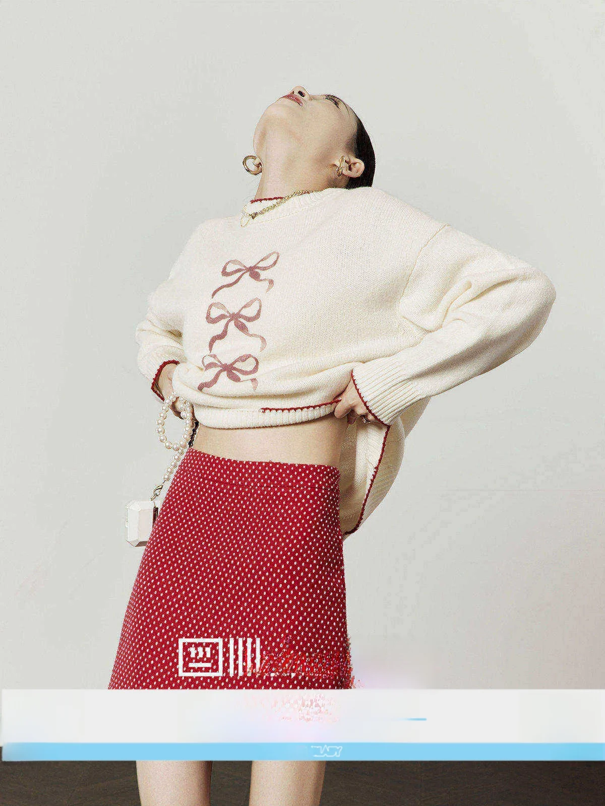 

White Knitted Wool Sweater for Women with Red Knot Print Spring New Arrival Commute Sle Long Sve round Ne Top