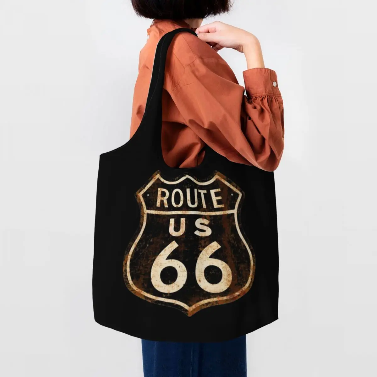 Reusable US Route 66 Shopping Bag Women Canvas Shoulder Tote Washable California Sign Grocery Shopper Bags Photographer Handbag