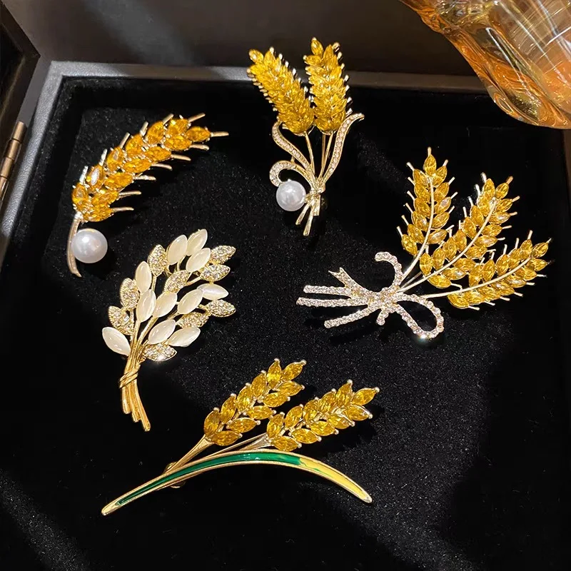 Fashion Rhinestone Wheat Ear Brooches For Women Unisex Enamel Pearl Flower Plant Badges Pins Office Party Jewelry Friend Gifts
