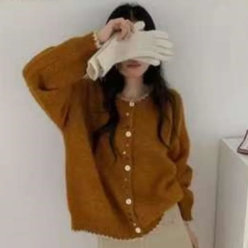 

Colorful Button Design Comfortable Commute Retro Korean round Neck Knitted Open Cardigan Women's Loose Soft Sweater Outerwear