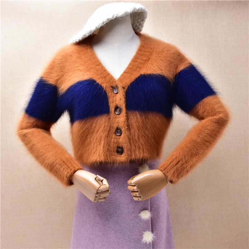 

Ladies Women Autumn Winter Clothing Colored Hairy Mink Cashmere Knitted short Style Crop top V-Neck Loose Cardigans Sweater Coat