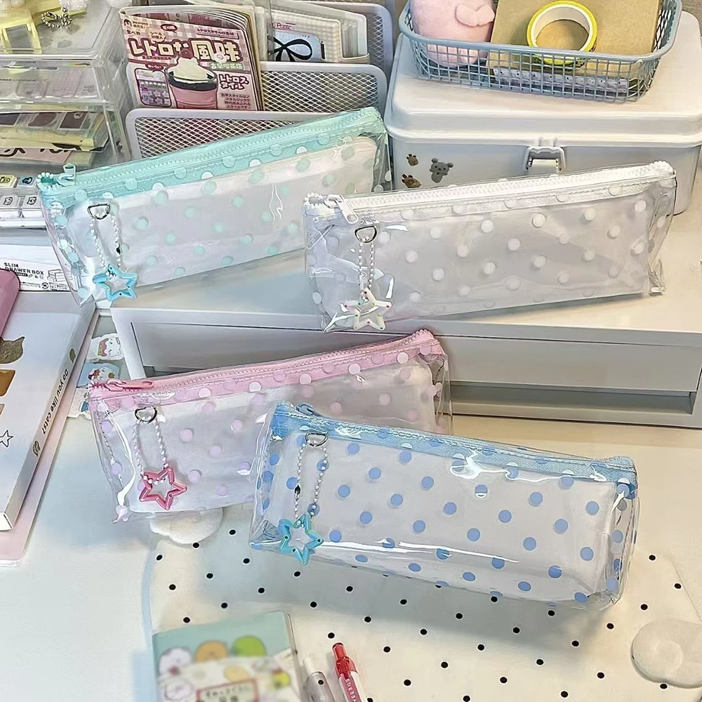 Wave Point Transparent Mesh Pen Bag with High Beauty and Small Freshness,Student Stationery Box,Makeup Storage Bag