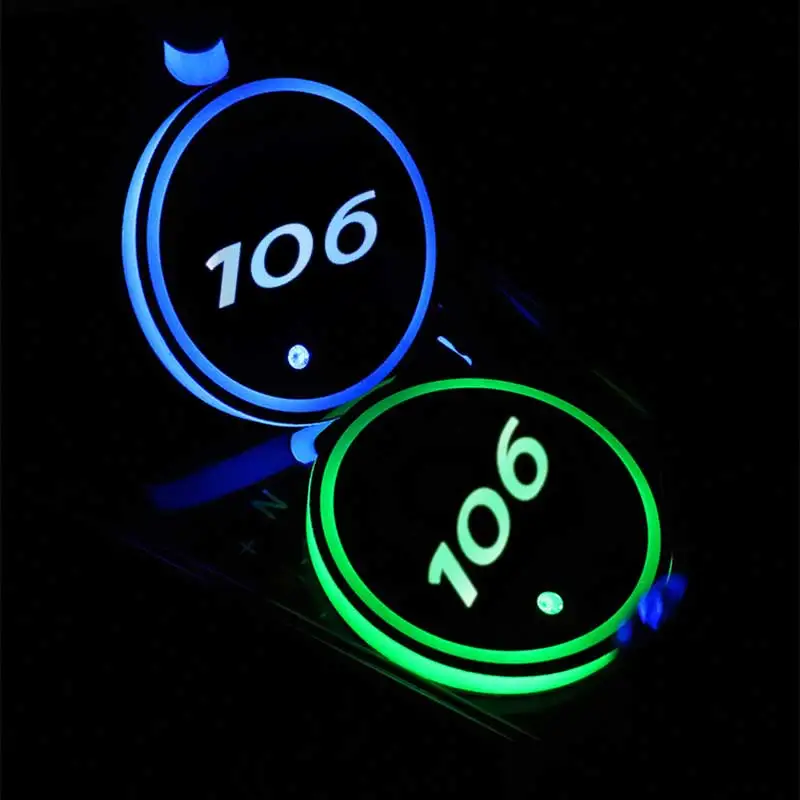 Colorful Car Water Cup Coaster USB Charging Led Atmosphere Light Drinks Holder for Peugeot 106 Logo Cool Inner Decoration