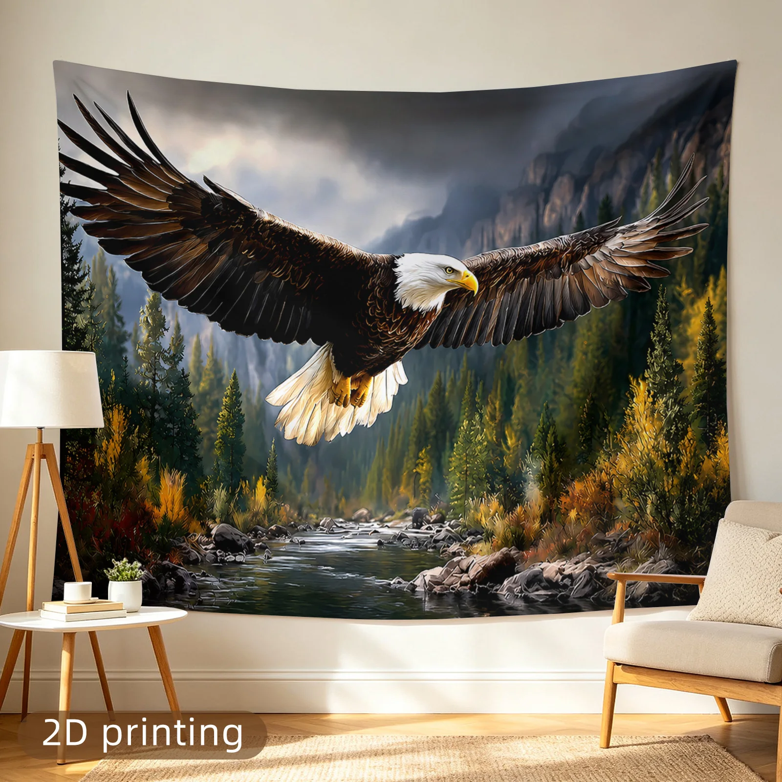 Majestic Bald Eagle Flying Over Mountain River Tapestry Canvas Wall Decor Art Print for Jungle Wilderness Home Decor