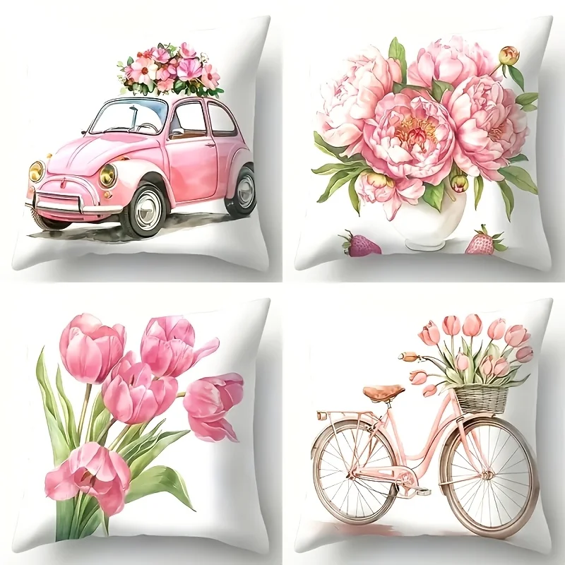 4 Pack Pink Watercolor Pillowcases 45x45cm Floral Car Bike Design Cushion Covers for Living Room Gift Spring Decor