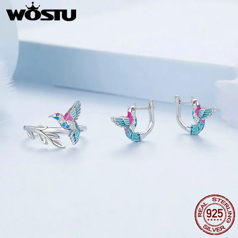 WOSTU 925 Sterling Silver Kingfisher Earrings Opening Ring Colorful Enamel Jewelry for Women Spring Bird Party Birthday Gift