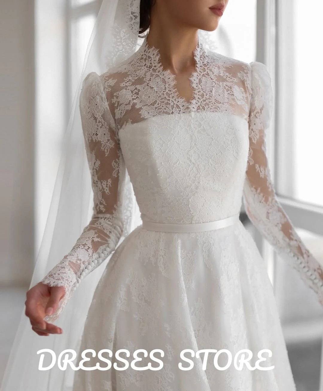 MD Modest A-line Wedding Dresses Bridal Gown Customized V Neck Long Sleeves Exquisite Lace Saudi Bride Dresses Robe De Mariee