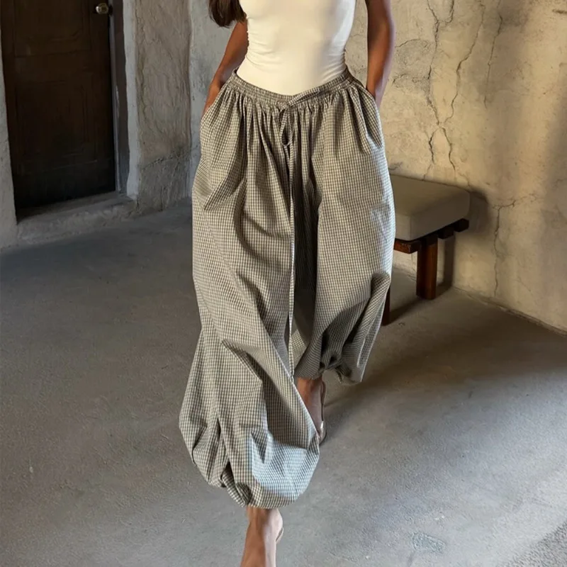 Talenza Women Thin Lantern Pants Fashion Retro Loose Casual New Plaid Trousers High Waist Chic Patchwork Female Trousers Outfits