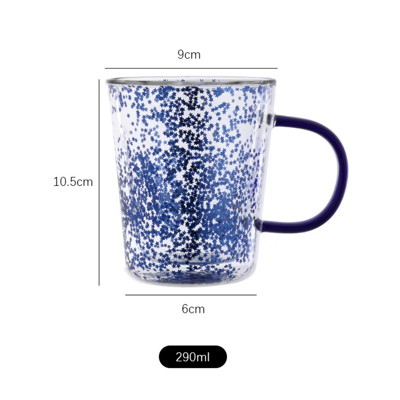 300ml Double Wall Starry Sky Glass Mug With Handle Coffee Milk Cup Bubble Star Glitters Fillings Tea Juice Water Glass Drinkware