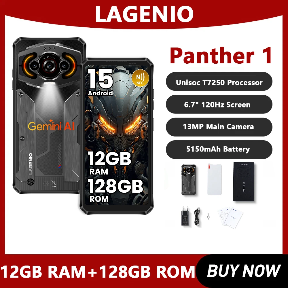LAGENIO Panther 1 Rugged Smartphone Android 15 4GB+128GB Mobile Phone 13MP 5150mAh 18W 6.7 