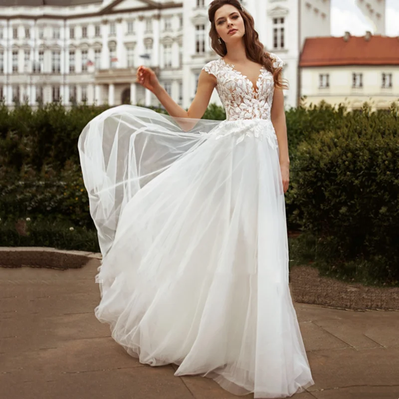 

Boho Sexy Elegant Wedding Dress A-Line V-Neck Lace Applique Illusion Button Hot Sale Organza Bride Gown Robe De Mariée Sexy 2024