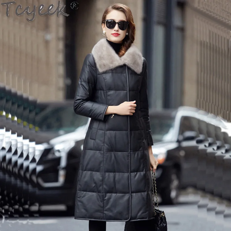 Tcyeek Winter Genuine Leather Jacket Women Warm Mink Fur Collar Mid-long Sheepskin Coats Woman Clothing 90% White Duck Down Coat