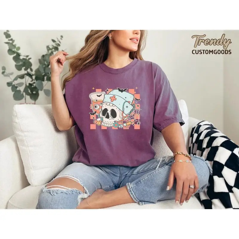 

Футболка медсестры на Хэллоуин, комфортные цвета, череп, признание, здравоохранение, школа медсестер