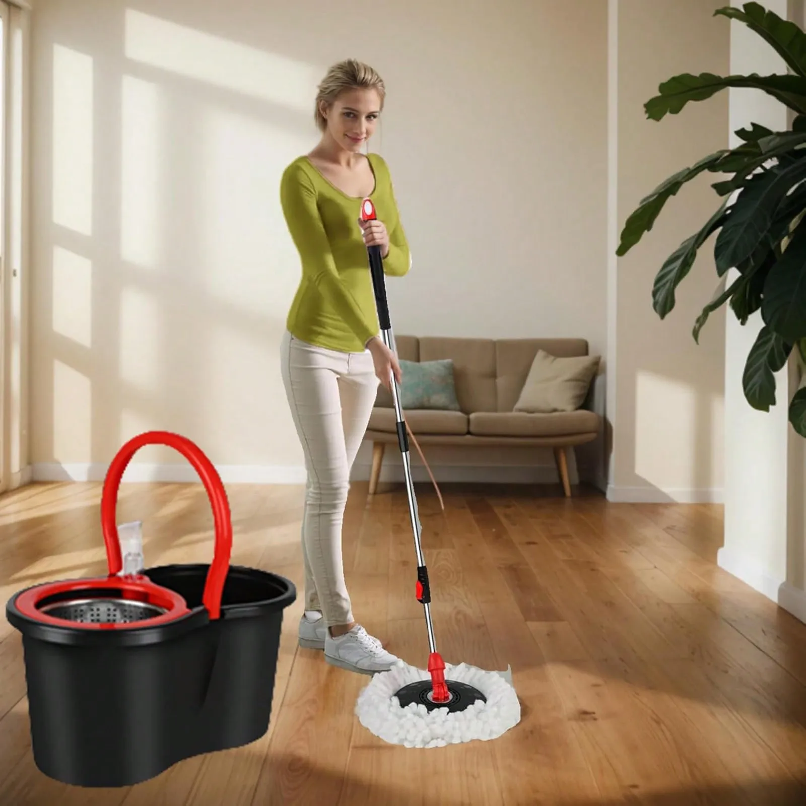 

Spin Mop And Bucket With Wringer Set, 360° Mop And Bucket System With 3 Microfiber Mop Refills And 61" Extended Handle For Floor