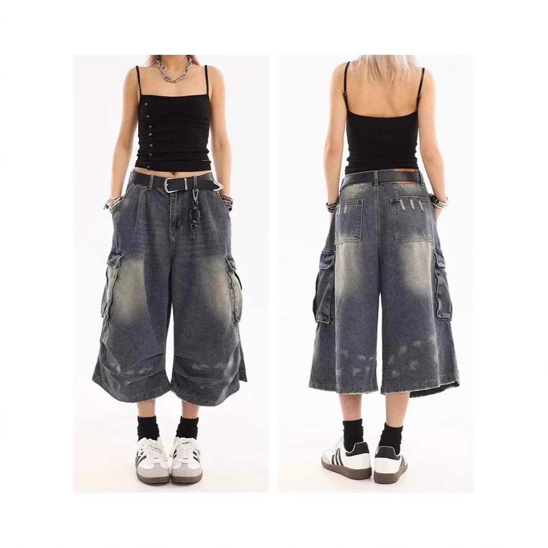 2026 New Plus Size Washed Splatter Ink Multi Pocket Cargo Jeans For Men Loose Straight Wide Leg Capri Pants Streetwear Fashion