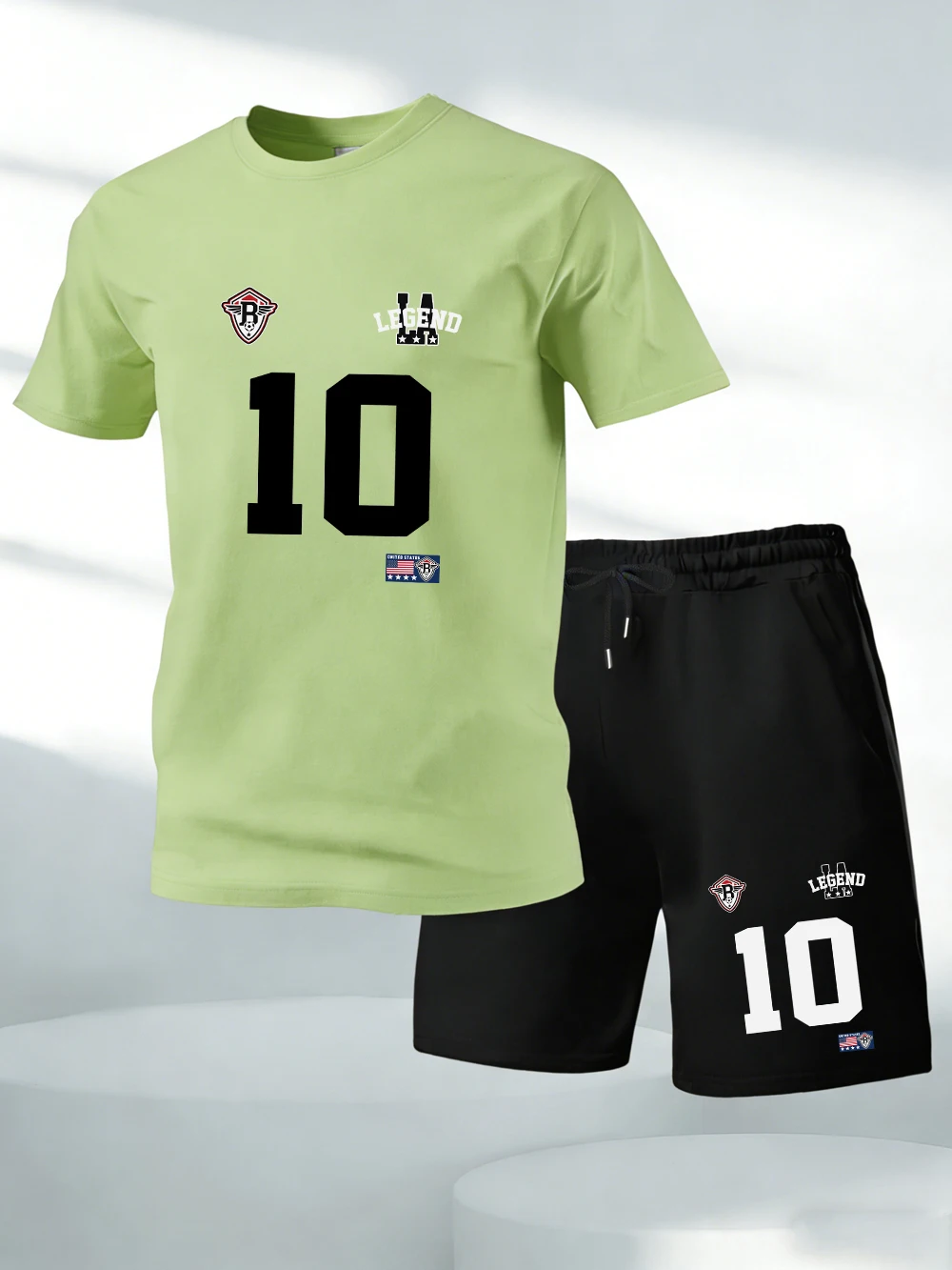 

Two Pieces Set Number 10 Legend Large Prints Cotton T-Shirts Pants Mens Soft O-Neck Oversized Tops High Waisted Pocket Shorts