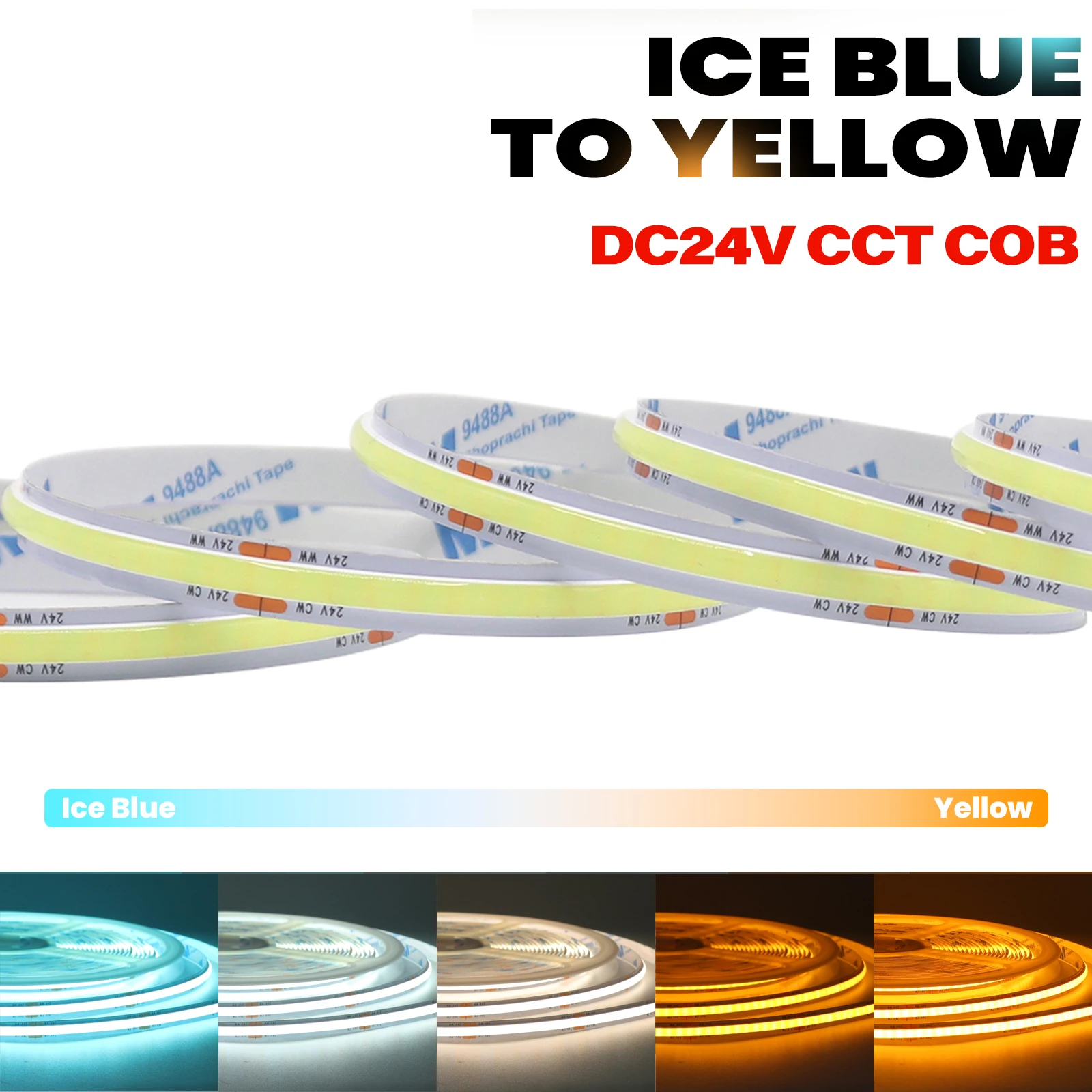DC24V 8MM CCT COB LED Strip Light 480LEDs/M High Brightness Linear Led Tape Yellow to Ice Blue Changeable Dimmable Ra90 Ribbon