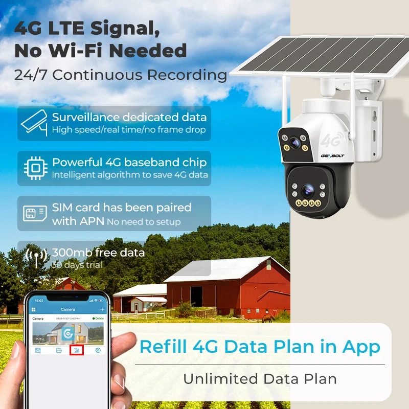 GENBOLT Kamera Keamanan Tenaga Surya 4G Tanpa WiFi Luar Ruangan, Lampu Sorot Lensa Ganda Penglihatan Malam Berwarna AOV Perekaman 24/7, 8W 15600mAh HCCTV