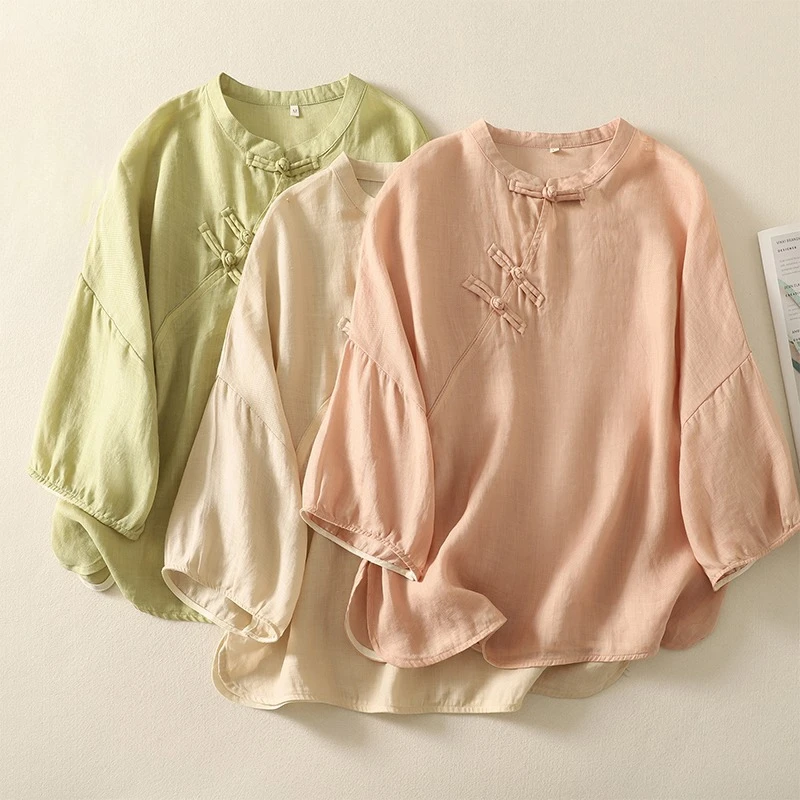 

Chinese Style Women's Blouse Solid Vintage Shirts Fashion Loose Summer Clothing Short Sleeve Cotton Linen Women Tops