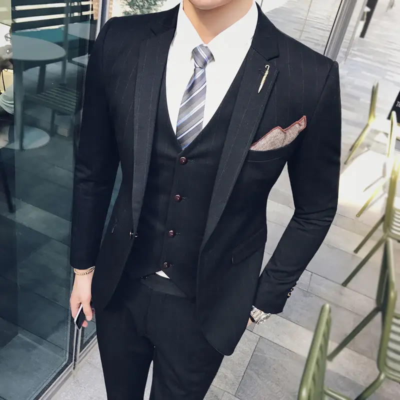 Conjunto de tres piezas c219para Hombre, traje pequeño a rayas informal, versión coreana, vestido formal ajustado, novio guapo, vestido de novia