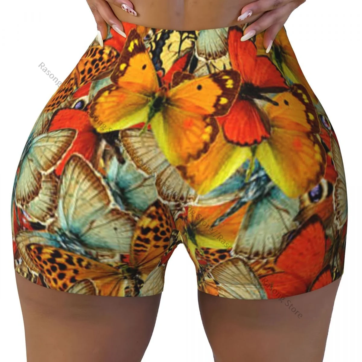 Spandex-Yoga-Shorts für Damen, Schmetterlinge, Textur, Fliesen, Workout, Booty-Shorts
