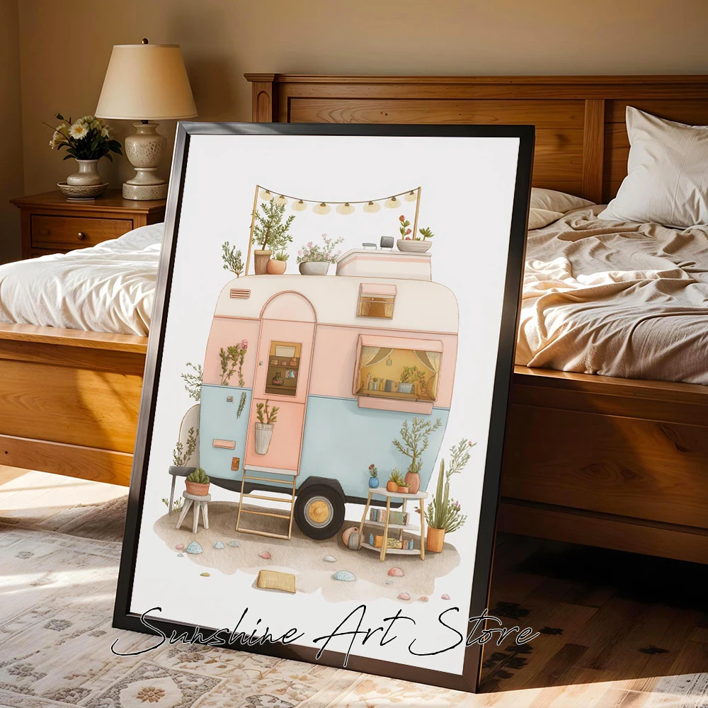 Classic Camper Van Print Vintage Road Trip Travel Poster Canvas Painting Vintage Camper Van Drawing Art Decor Wall Picture Decor