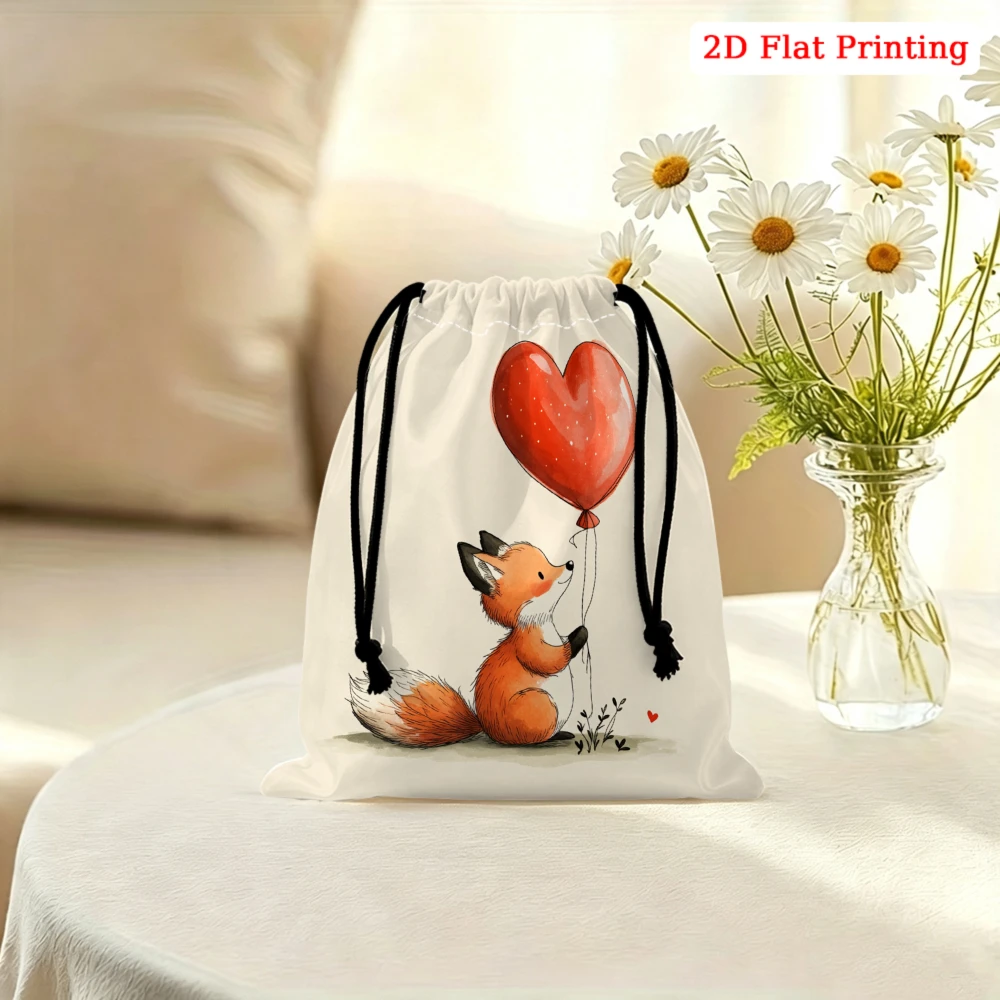 1pc Cute Fox Holding Red Heart Balloon Drawstring Bag White Storage Small Pouch For Glasses Cosmetics Jewelry Travel Organizer P