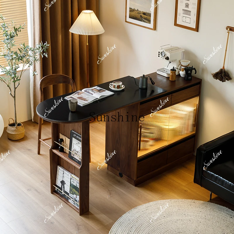 

Nordic black walnut retractable bar, integrated side meal, small island, partition against the wall for storage FT