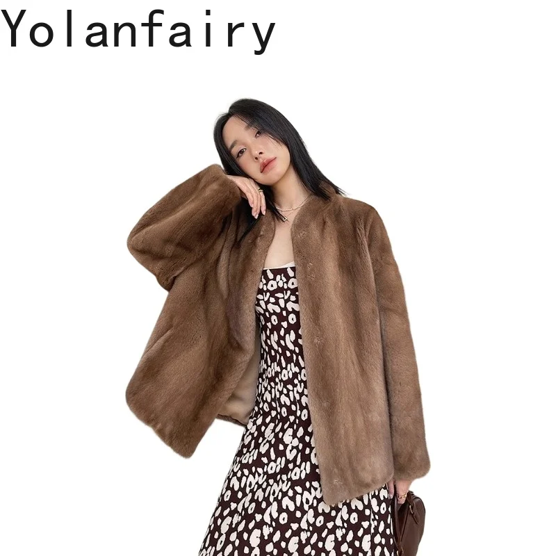 YOLANFAIRY 100% Real Whole Mink Fur Coat Woman Chic Youth Stand Collar Soft Velvet Mink Fur Jacket Women Clothing 60cm abrigos