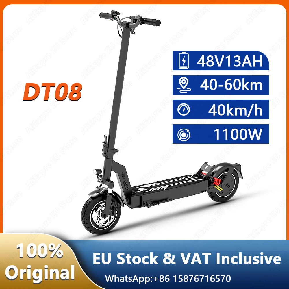 سكوتر كهربائي DT08 للبالغين، طاقة ذروة 1100 وات، بطارية 48 فولت 13 أمبير في الساعة، إطارات مفرغة مقاس 10 بوصات، نظام تعليق مزدوج سكوتر إلكتروني قابل للطي #1