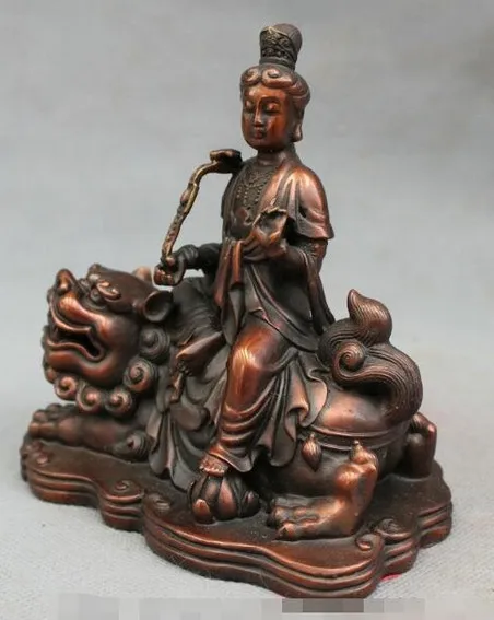 Chinese Pure Bronze Buddhist Lotus RuYi PuXian Kwan-yin GuanYin Ride Lion Statue