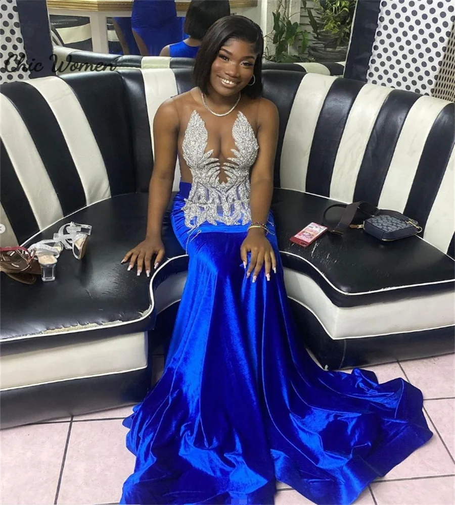 Royal Blue Sparkly Merrmaid Prom Dress Customized Sleeveless Sequin Black Girls Evening Gowns Elegant Shine Formal Occasion