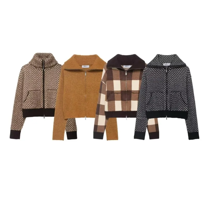 

Women Splicing Short Jacket Casual Knit High Neck Long Sleeve Lady Coats with Zipper Female Simple Chic Tops