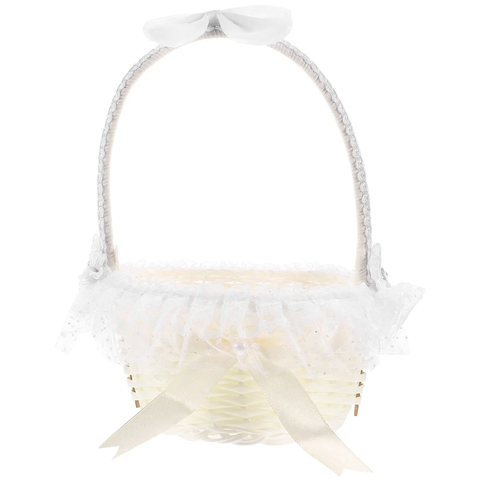 Cesta de Mimbre Blanco Tejido con Asa y Ribete de Encaje para Niña de las Flores, para Ceremonia de Boda, Almacenamiento de Pétalos, Transporte de Frutas y Decoración de Fiestas