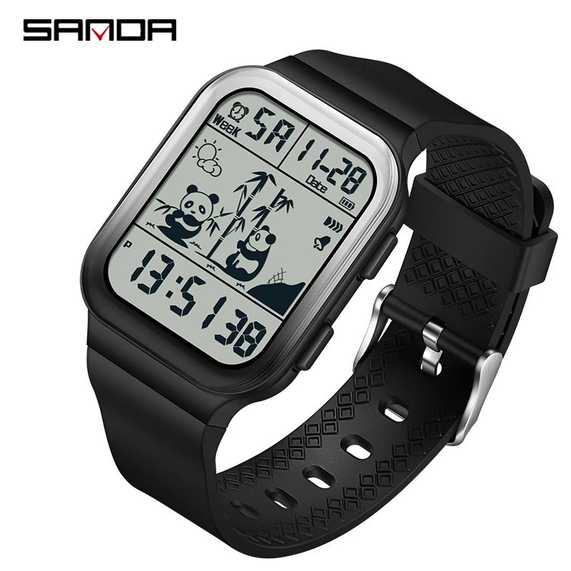 2024 New Top Panda Pattern Square Gradient Electronic Watch Outdoor Waterproof Sanda 6125 Trend Men's and Women's Watch