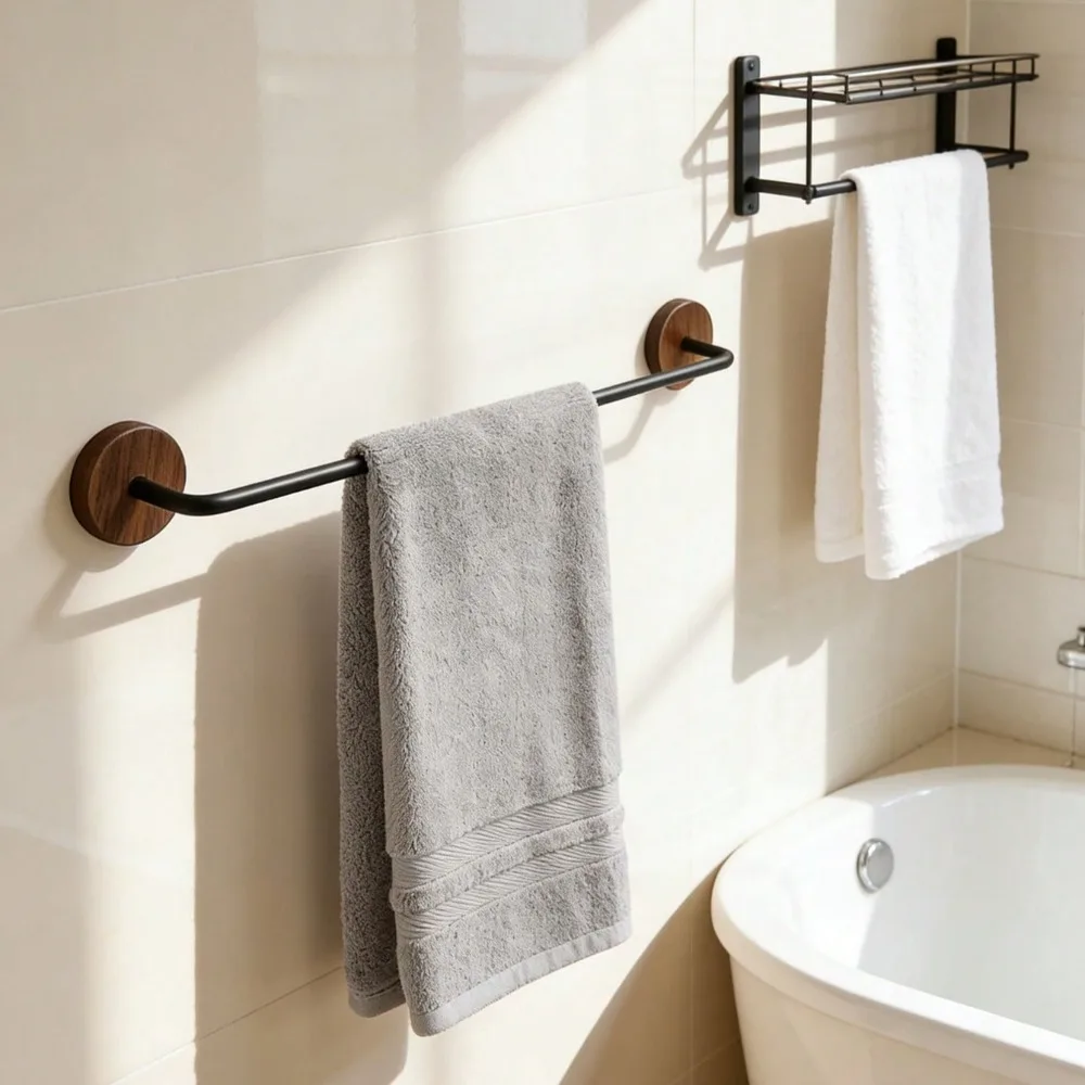 Wooden and Metal Towel Rack for Bathroom Non Drilled Wall Mounted Towel Rack Natural Wooden Towel Rack for Bathroom Decoration