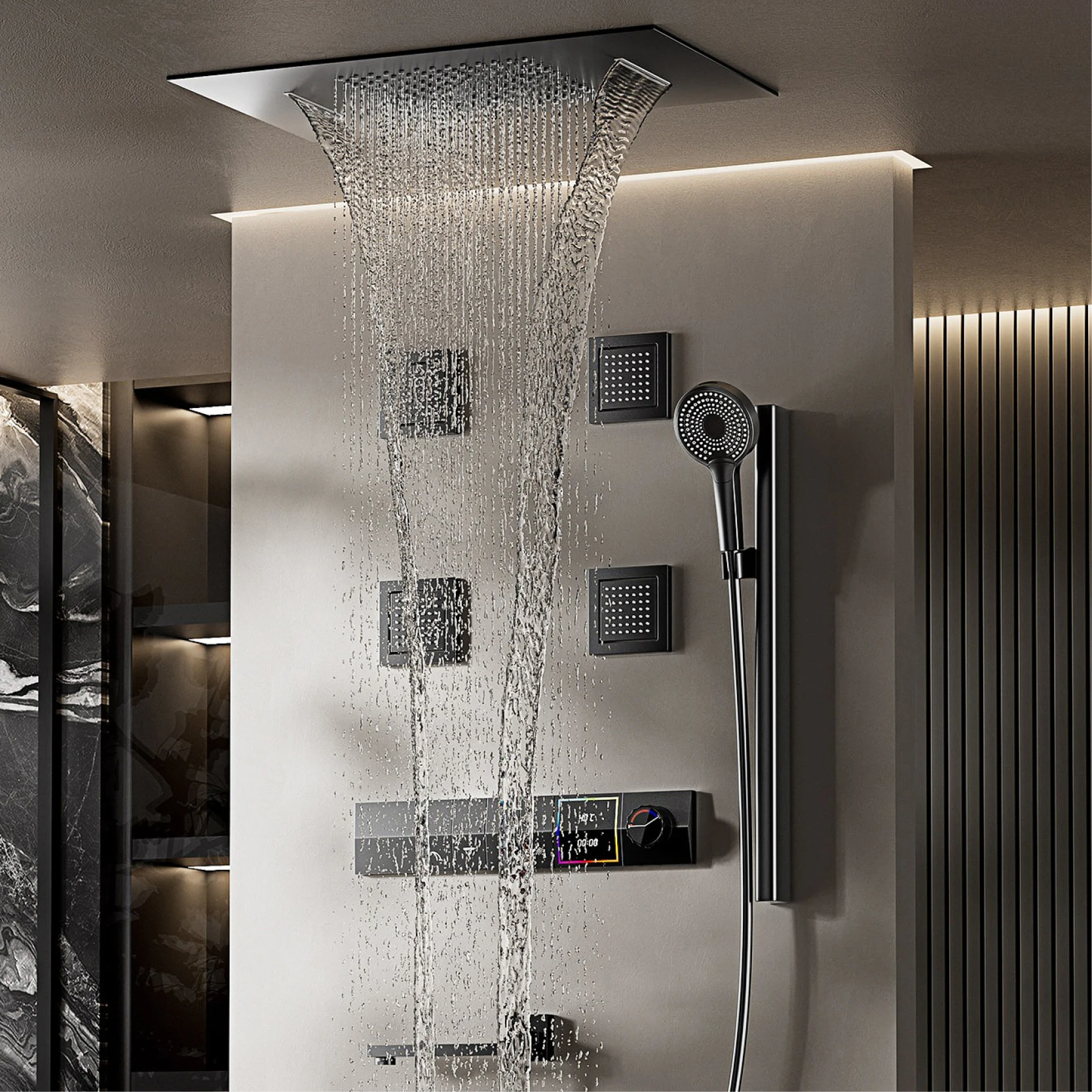 Brass Gun Grey Wall-Mounted Ceiling Shower System，LED Digital Display Anti-Scald Thermostatic Shower Mixer With Back Spray