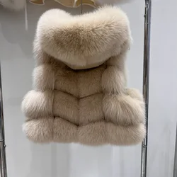 Natural Fox Fur Vest Women Winter Coat Fashion Hoodies Thick Warm Female Short Real Fox Fur Coat Sheepskin Genuine Fur Jackets