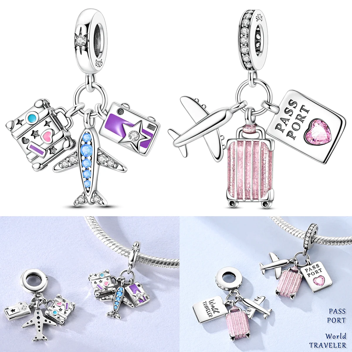 Original 925 Sterling Silver Travel Charms Bead Pink Luggage Airplane Passport Camera Dangle Fit Bracelet Women DIY Jewelry Gift
