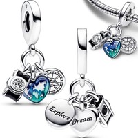 Silver Charm 925 Sterling Silver Charms Camera Love Globe Compass 3 Piece Set Beads Fit Original Bracelet Jewelry Making