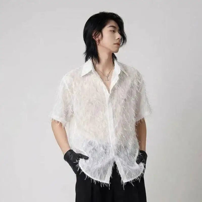WVGA New Man Summer Hollowed Out Tassels Trendy Design Cool Short Sleeve Shirt Niche Chic Casual Turn-Down Collar Top Ins W22919